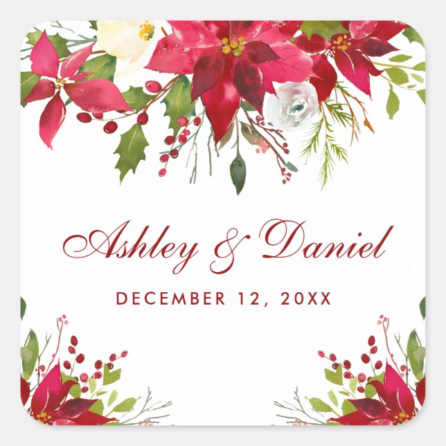 Sticker Carré Aquarelle Mariage de vacances Poinsettia Floral Ro (Devant)