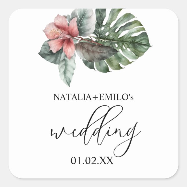 Sticker Carré Aquarelle Mariage floral feuille Monstera (Devant)