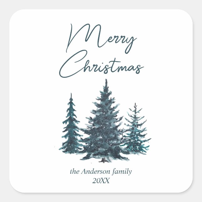 Sticker Carré Aquarelle Marine Pins Bleus Arbres Joyeux Noël (Devant)