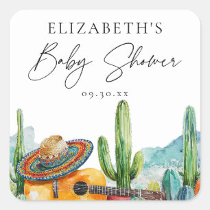 Sticker Carré Aquarelle mexicaine Fiesta Cactus Baby shower Favo