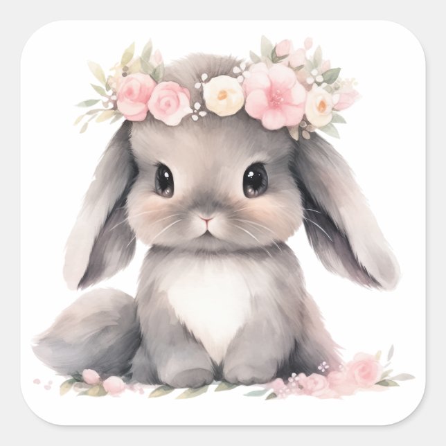 Sticker Carré Aquarelle mignonne Bébé Lapin de Pâques Filles gra (Devant)