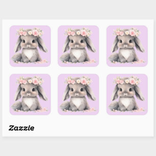 Sticker Carré Aquarelle mignonne Bébé Lapin de Pâques Filles gra