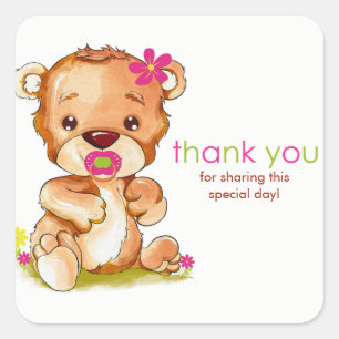 Sticker Carré Aquarelle mignonne bébé ours fille Merci