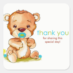 Sticker Carré Aquarelle mignonne Bébé Ours Garçon Merci