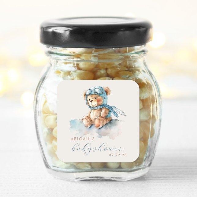 Sticker Carré Aquarelle mignonne Bleu Teddy Baby shower du garço (Créateur téléchargé)