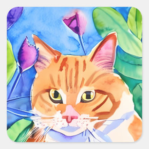 Sticker Carré Aquarelle mignonne Chat orange et jolies fleurs