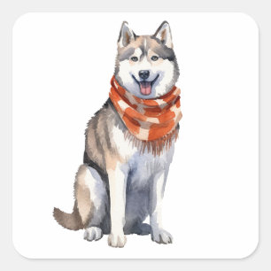 Sticker Carré Aquarelle mignonne Chien sibérien Husky