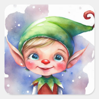 Sticker Carré Aquarelle mignonne Elfe de Noël aux oreilles longu