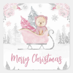 Sticker Carré Aquarelle mignonne Ours d'hiver rose Fleur Noël