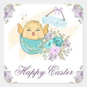 Sticker Carré Aquarelle mignonne Printemps poussin floral à l'oe