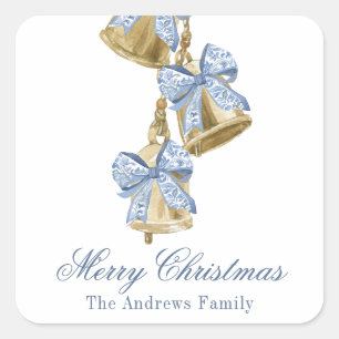Sticker Carré Aquarelle Noël bleu Chinoiserie Bow Bells