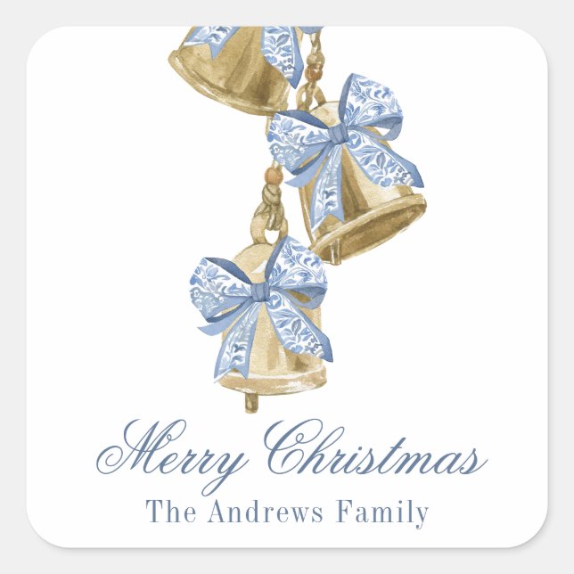 Sticker Carré Aquarelle Noël bleu Chinoiserie Bow Bells (Devant)