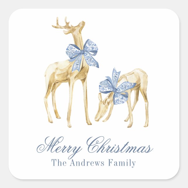 Sticker Carré Aquarelle Noël bleu Chinoiserie Bow Reindeer (Devant)
