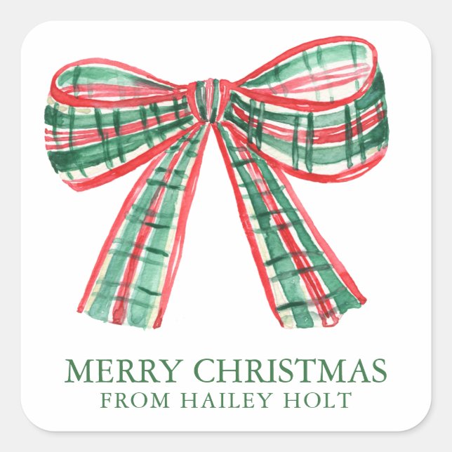Sticker Carré Aquarelle Noël Plaid Bow Cadeau (Devant)