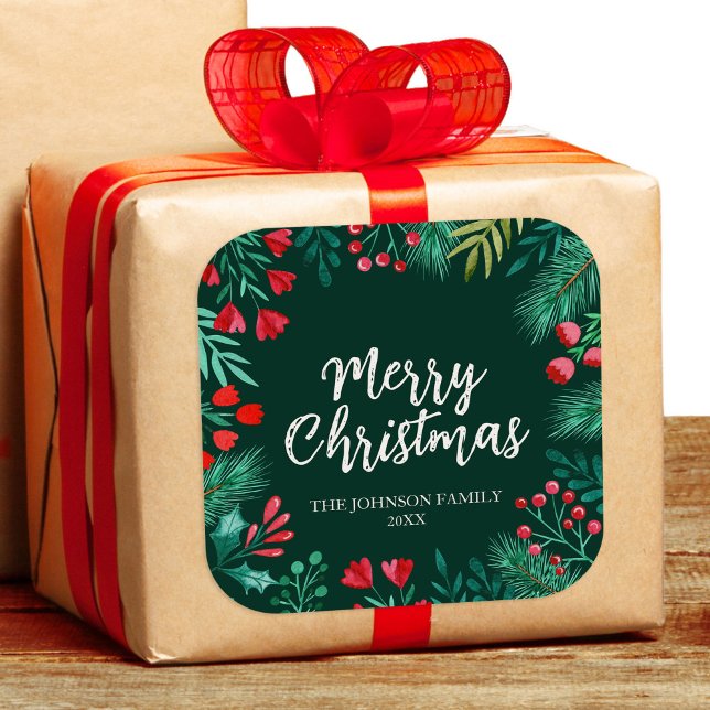 Sticker Carré Aquarelle Noël Wreath hiver avec Holly (Watercolor Christmas Winter Wreath with Holly Square Sticker)