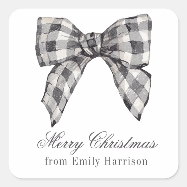 Sticker Carré Aquarelle noir et blanc Buffalo Plaid Bow (Devant)