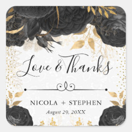 Sticker Carré Aquarelle noir et or Fleurs Mariage