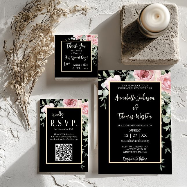 Sticker Carré Aquarelle noire rose Mariage (Square sticker floral boho black and pink design with matching wedding invitation and RSVP.)