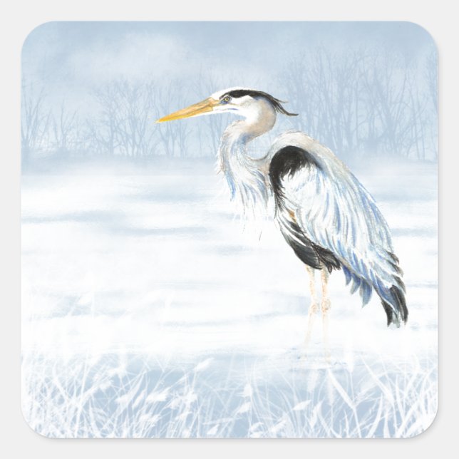 Sticker Carré Aquarelle Oiseau de grand héron bleu (Devant)