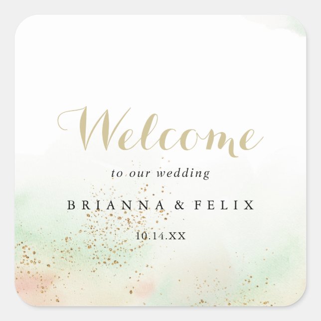 Sticker Carré Aquarelle or Confetti Mariage Bienvenue (Devant)