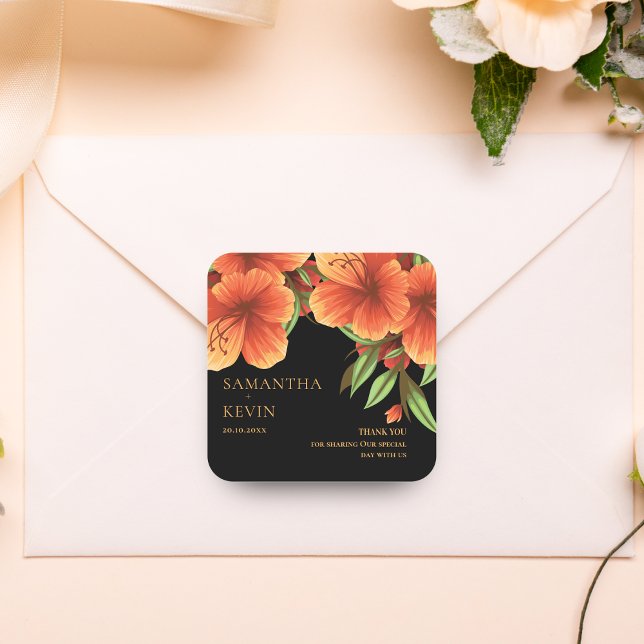 Sticker Carré Aquarelle Orange Mariage Floral Merci (Watercolor Orange Floral Wedding Thank You Square Sticker)