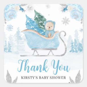 Sticker Carré Aquarelle Ours d'hiver bleu mignon Baby Shower
