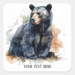 Sticker Carré Aquarelle Ours Noir Bois Art, coutume