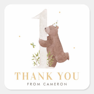 Sticker Carré Aquarelle Ours Woodland Premier Anniversaire Merci