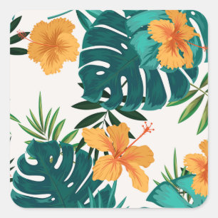 Sticker Carré Aquarelle Palme tropicale, Hibiskus hawaïen