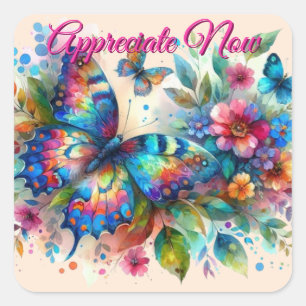 Sticker Carré Aquarelle Papillon Floral Fleurs Bleu rose