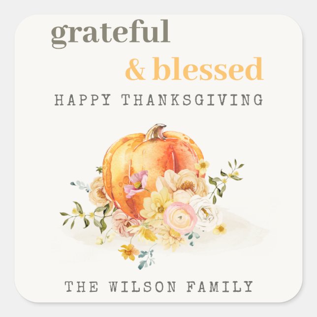 Sticker Carré Aquarelle Pastel Soft Floral Citrouille Thanksgivi (Devant)