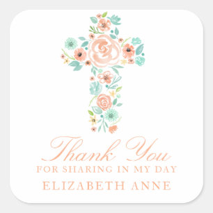 Sticker Carré Aquarelle Peach Mint Flower Cross Première communi