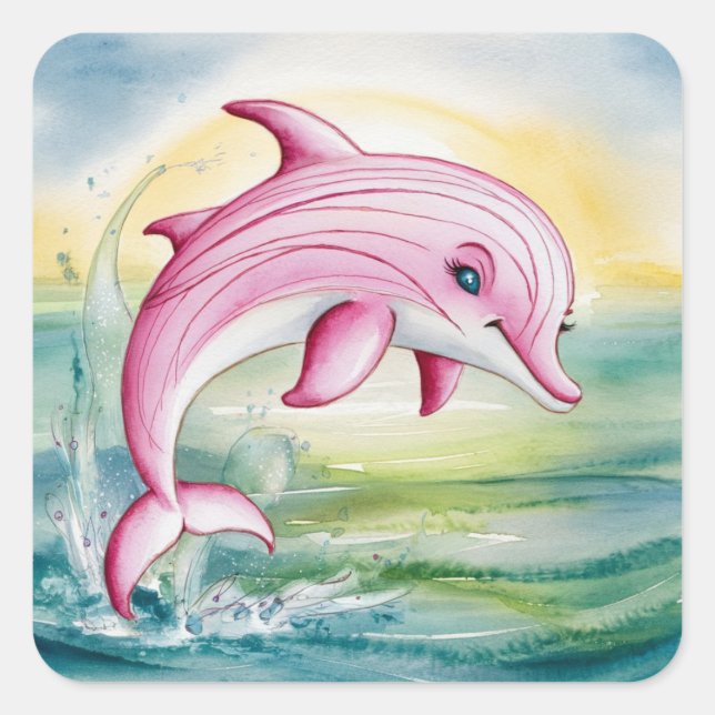 Sticker Carré Aquarelle peinte dauphin rose (Devant)