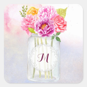 Sticker Carré Aquarelle Peonies Rose Rustic Mason Jar Mariage