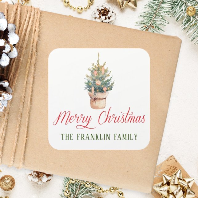 Sticker Carré Aquarelle personnalisée Cadeau d'arbre de Noël (Créateur téléchargé)