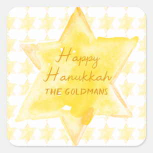 Sticker Carré Aquarelle personnalisée Jewish Star Hanoukka