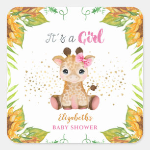 Sticker Carré Aquarelle Petit Giraffe Fleurs sauvages Baby showe