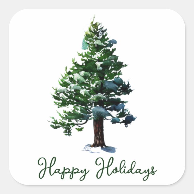 Sticker Carré Aquarelle Pine Tree Joyeuses Fêtes Noël (Devant)
