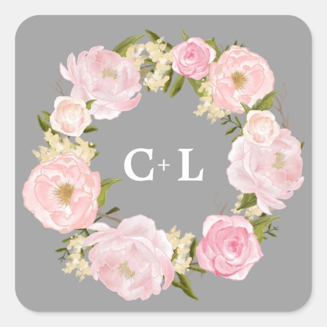 Sticker Carré Aquarelle Pis Rose Bleu Mariage Monogramme (Devant)