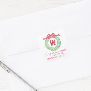 Sticker Carré Aquarelle Polka Dot Bow Monogram Wreath Adresse