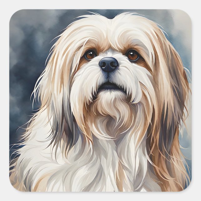 Sticker Carré Aquarelle Portrait Sweet Shih Tzu Pose Chien (Devant)