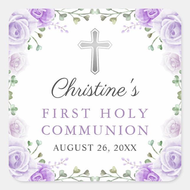 Sticker Carré Aquarelle Purple Floral Première Communion Sainte (Devant)