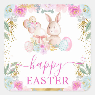 Sticker Carré Aquarelle Rabbit et Fleurs de Pâques