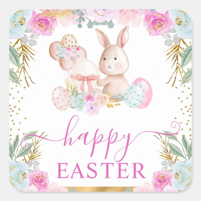 Sticker Carré Aquarelle Rabbit et Fleurs de Pâques (Devant)