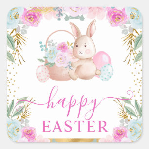 Sticker Carré Aquarelle Rabbit et Fleurs de Pâques