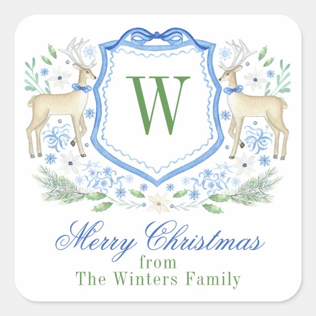 Sticker Carré Aquarelle Reindeder Monogram Crest Noël (Devant)