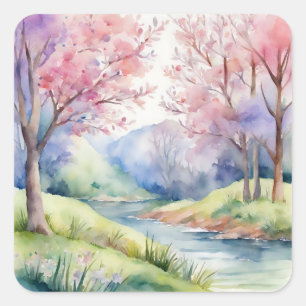 Sticker Carré Aquarelle Ressort paysage naturel