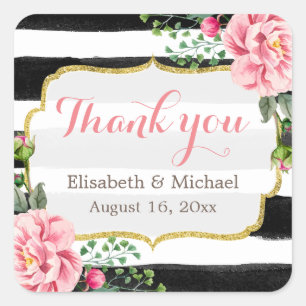Sticker Carré Aquarelle romantique Floral Gold Stried Merci