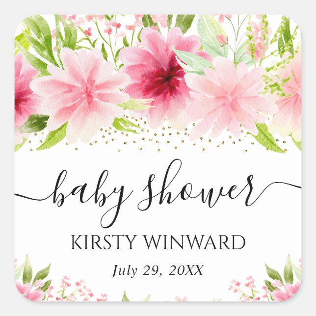 Sticker Carré Aquarelle rose Baby shower de fleurs d'été (Devant)
