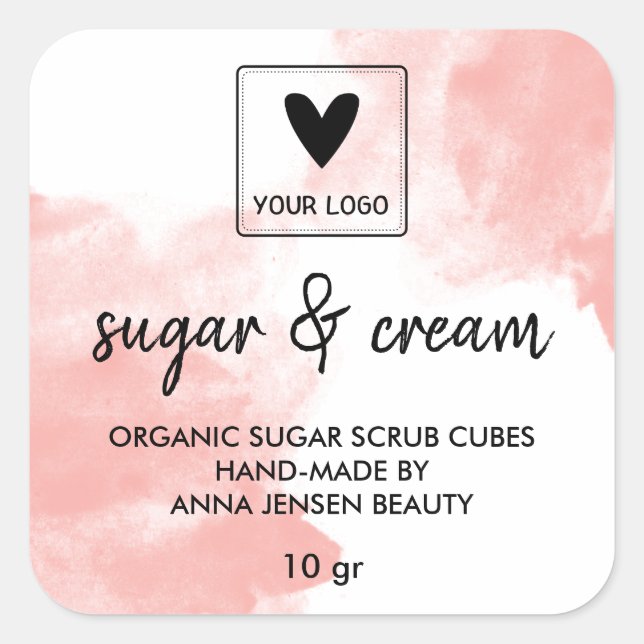 Sticker Carré Aquarelle rose Beauté artisanale Votre logo (Devant)